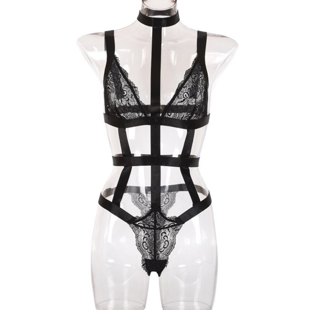 Black Lace Cage Strappy Sexy Lingerie 1PC - Picture 5 of 8